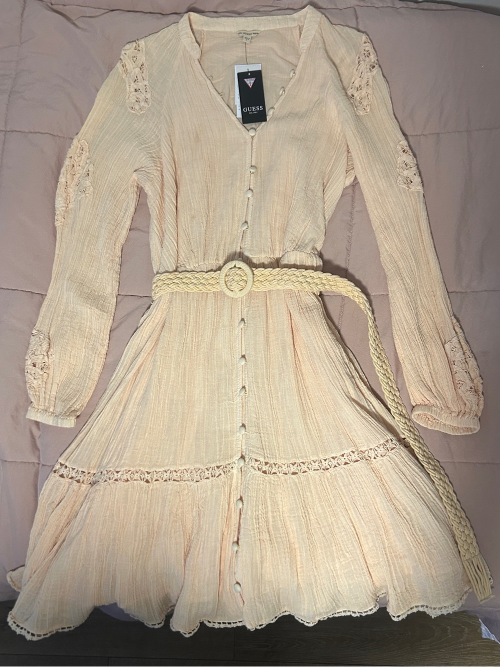 GUESS Arita Belted Crochet-Detail Shirtdress